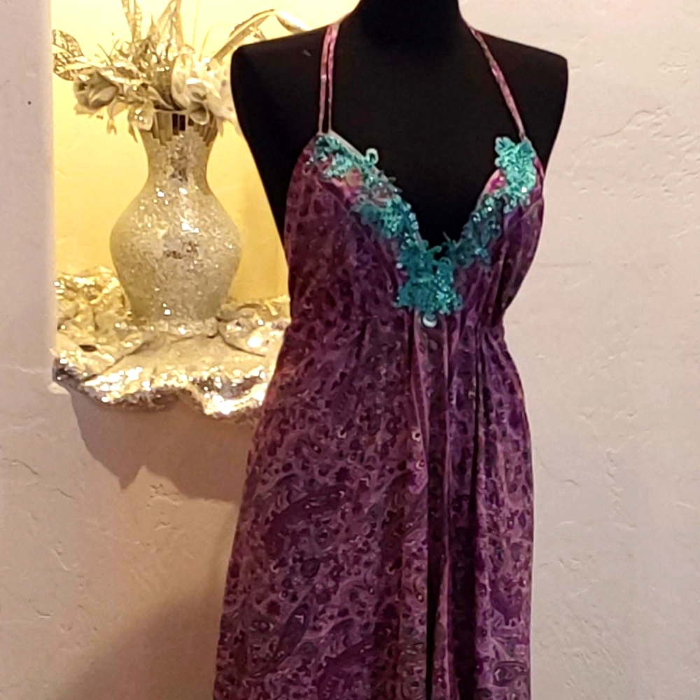 BOHEMIAN GODDESS Purple & Green Floral SILK Maxi Dress